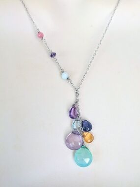 Sterling Silver Genuine Multi Gemstone Briolette Dangle Cascade Necklace 17-19"